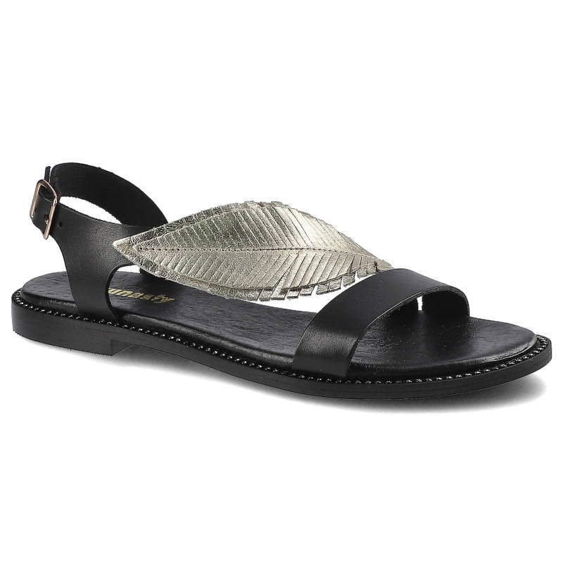 Sandaly damskie Dwunasty Shoes, z regulowanym paskiem na pięcie płaską podeszwą oraz dekoracyjnym elementem na przodzie, czarno-złote, 900-2