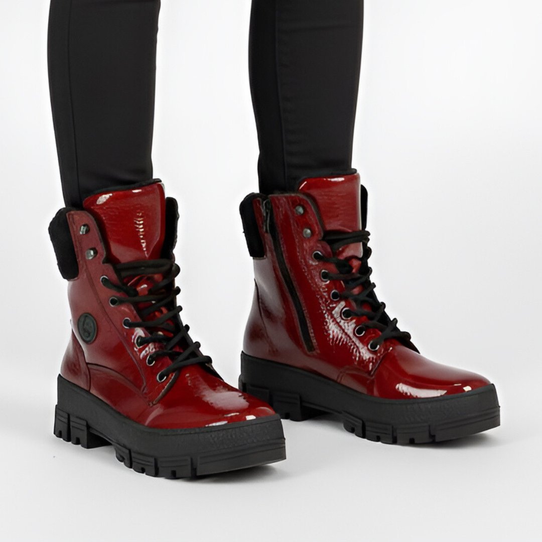 Botki damskie Rieker, futerko w środku i na płaskim obcasie zapinane na zamek, czerwone, Y0220-33