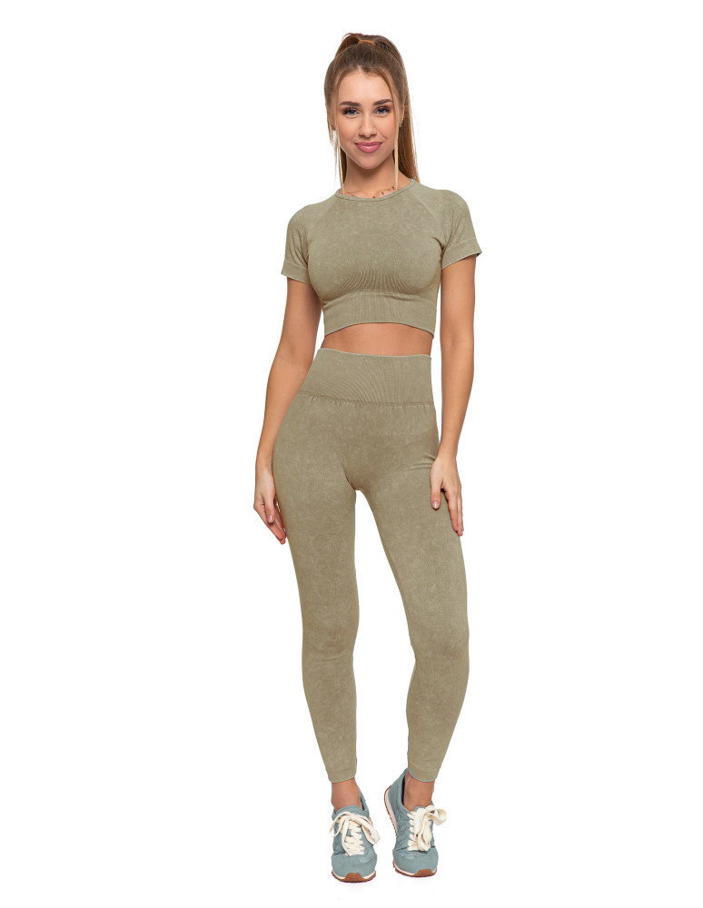 Komplet damski Moraj, top z krótkim rękawem i legginsy długie z wysokim stanem, beżowe, BD1900-508 + RDL2200-013