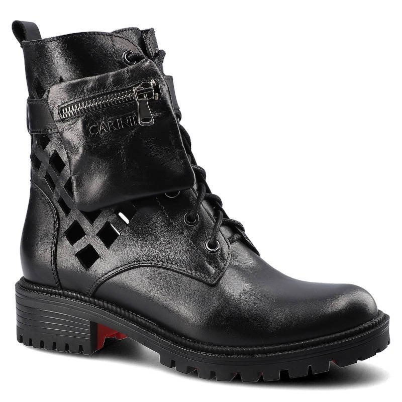 Botki damskie Carinii, wykonane z materiału o gładkiej powierzchni z wysoką cholewką ażurowymi wycięciami po bokach, czarne, B5755_E50-000-000-E18