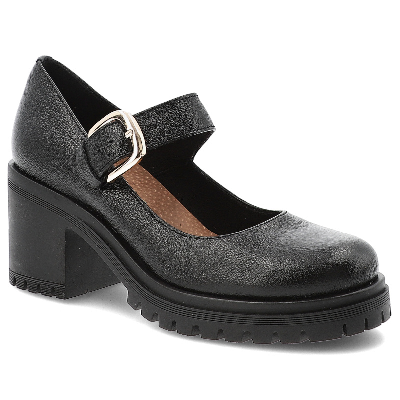 Półbuty damskie Armdo, na klocku skórzane eleganckie zapinane sprzączką z okrągłym noskiem, czarne, 20166