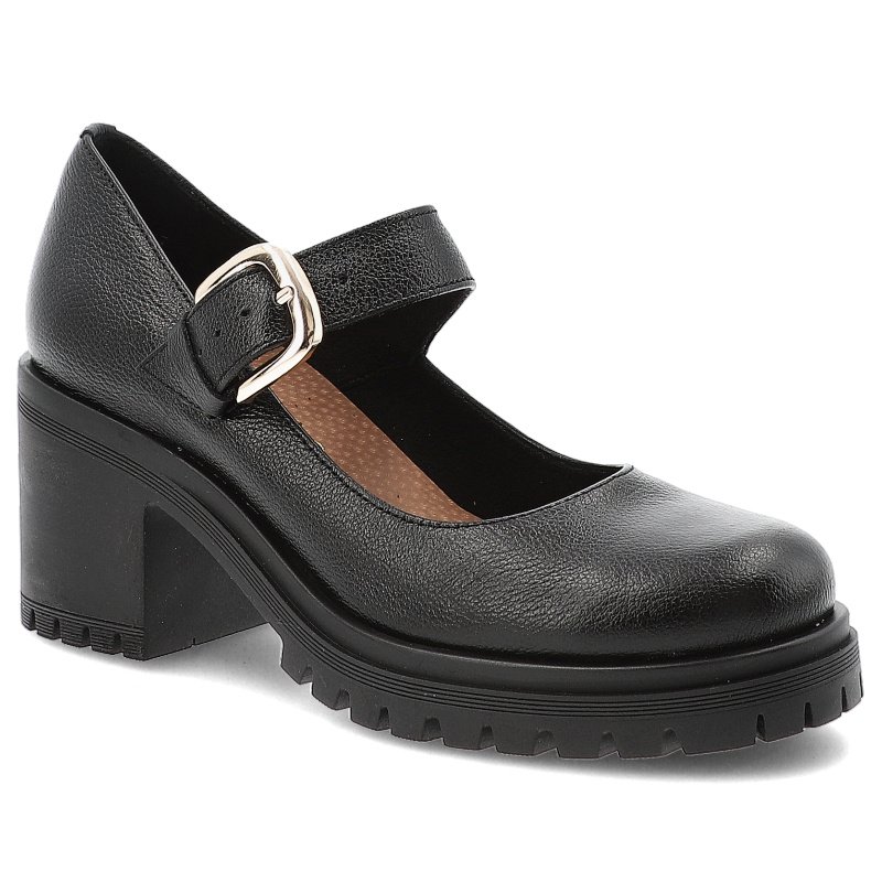 Półbuty damskie Armdo, na klocku skórzane eleganckie zapinane sprzączką z okrągłym noskiem, czarne, 20166