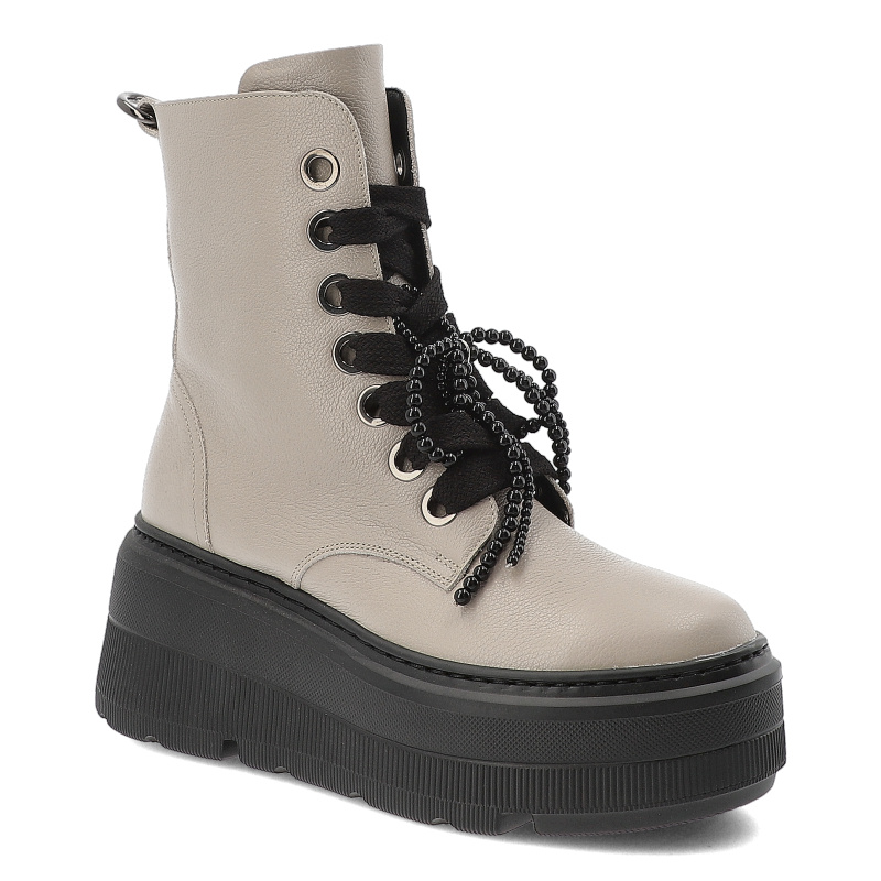 Botki damskie Karino, na wysokiej platformie skórzane z koralikami na zamek i z okrągłym noskiem, beżowe lico, 5759-022-F