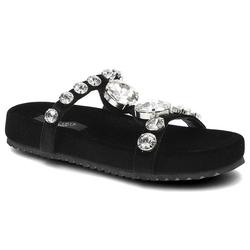 Klapki damskie Scaviola, z materiału tekstylnego z paskiem zdobionym cyrkoniami wsuwaną konstrukcją materiałową wkładką wnętrzem ze skóry ekologiczne