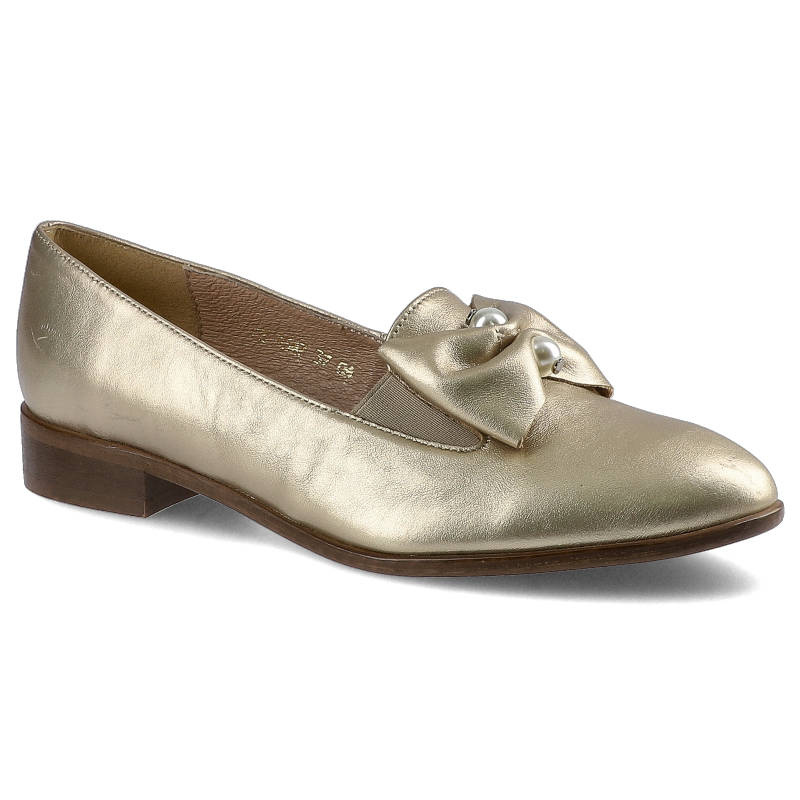 Półbuty damskie Gamis, skóra licowa z kokardą i perełkami, złote, 3347-P70