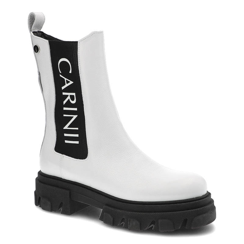 Botki damskie Carinii, gładka skórzana cholewka z kontrastowym nadrukiemmasywna podeszwa z wyraźnym bieżnikiem, czarno-białe, B8020_-I81-000-000-E33