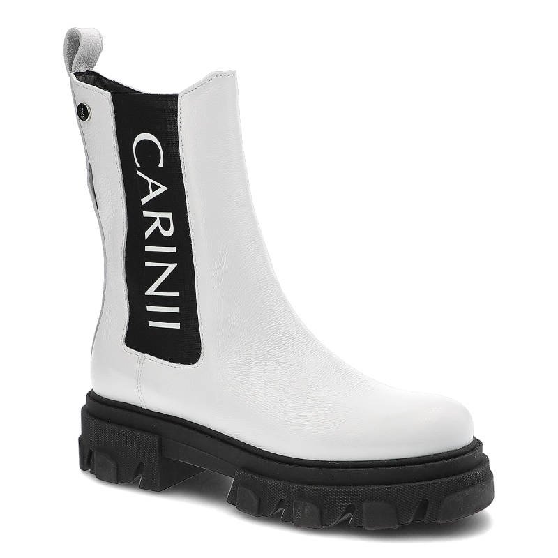 Botki damskie Carinii, gładka skórzana cholewka z kontrastowym nadrukiemmasywna podeszwa z wyraźnym bieżnikiem, czarno-białe, B8020_-I81-000-000-E33