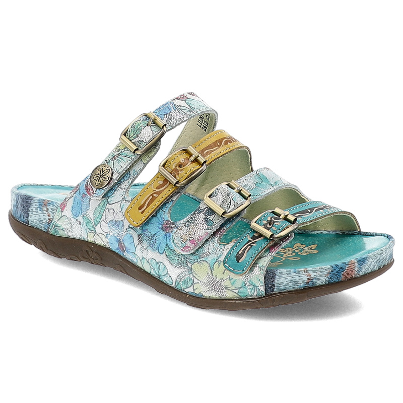 Klapki damskie Laura Vita, skórzane na płaskiej podeszwie z miękkimi wkładkami klasyczne z klamrami, turkusowe, Lillo-5025-CX1933-50