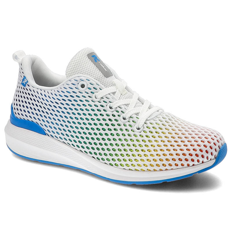 Sneakersy damskie Rieker, wykonane z przewiewnej siateczki tekstylnej ze wzmocnieniami sznurowanym przodem kontrastowymi detalami kolorystycznymi i l