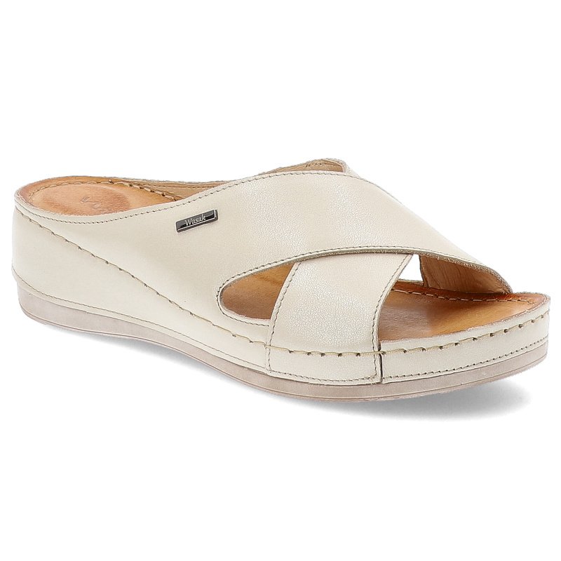 Klapki damskie Wasak, ze skóry naturalnej na grubej platformie z miękkimi wkładkami, waniliowe, 409