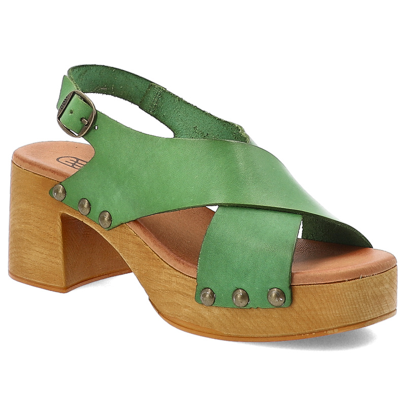 Sandały damskie HEE, na klocku skórzane z odkrytą piętą i zapinane sprzączką, zielone, 25352