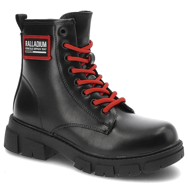 Botki damskie S‑Barski, cholewka z licowej skóry ekologicznej z wysoką cholewką i kontrastowym sznurowaniem masywna podeszwa o wyraźnym profilu, czar