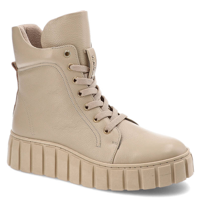 Trzewiki damskie Karino, z gładkiej skóry naturalnej z wysoką cholewką i sznurowaniem masywna podeszwa o pionowym ryflowaniu, beż‑lico, 4452‑001‑F