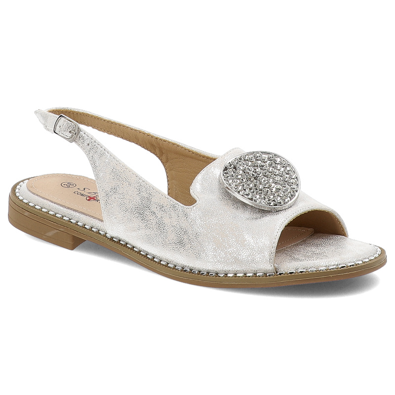 Sandały damskie S. Barski, na płaskim obcasie ze skóry ekologicznej z ozdobą ze sprzączką, srebrne, KV51-083