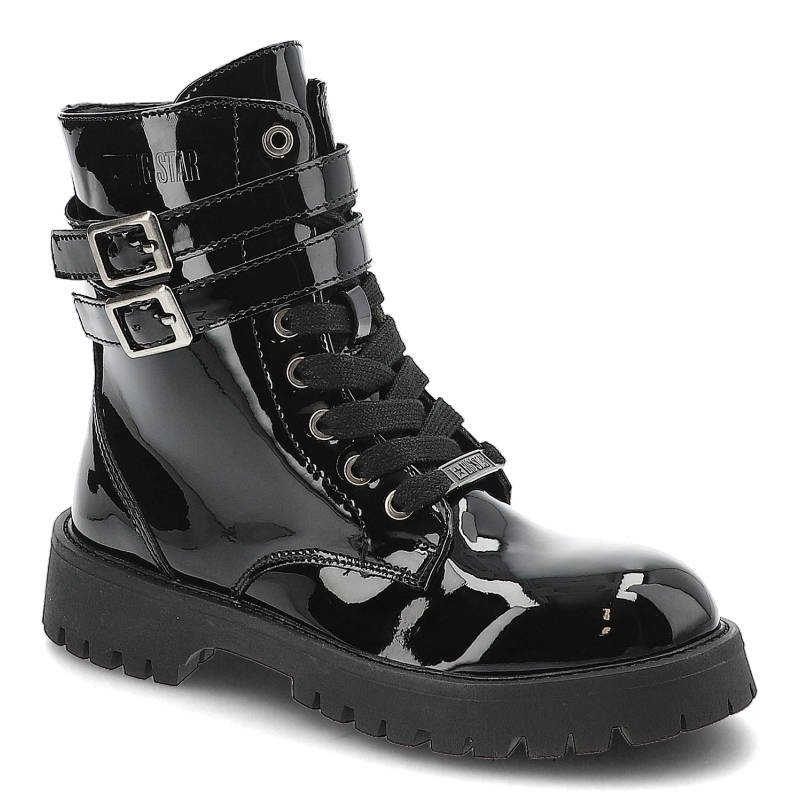 Trzewiki damskie Big Star, cholewka z lakierowanej skóry ekologicznej z sznurowaniem i podwójnym paskiem z klamrami, czarne, KK374131