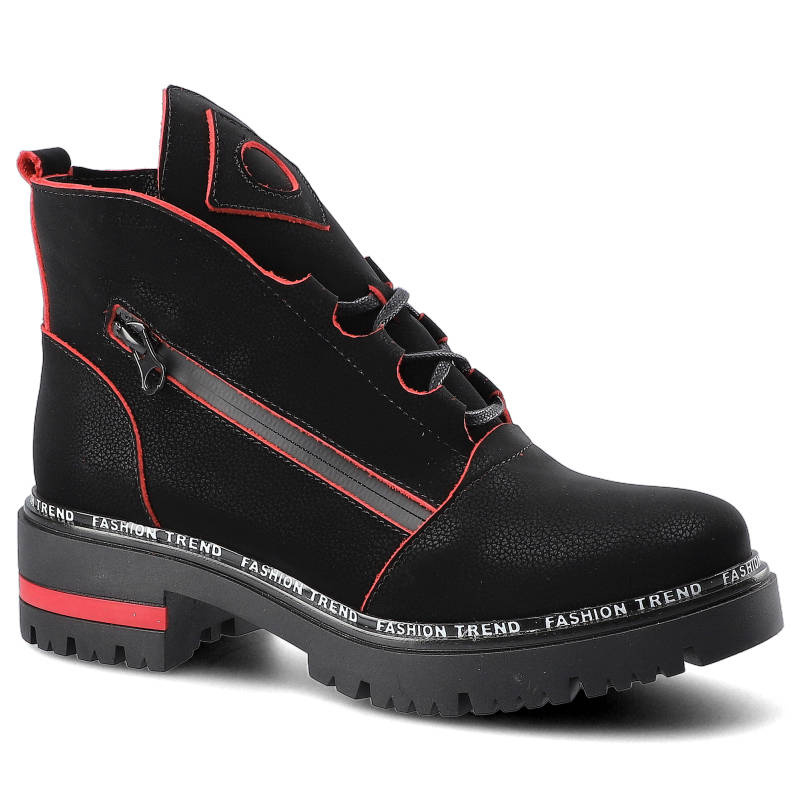 Botki damskie Lemar, sznurowany fason z bocznym zamkiem podwyższona cholewka dekoracyjne kontrastowe przeszycia, czarne floter czerwony, 60272