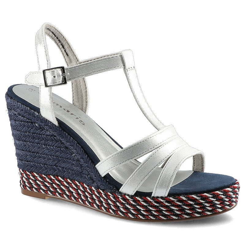 Sandały damskie Tamaris, wykonane z materiału syntetycznego i tekstylnego i plecioną koturną z wyraźnie zaznaczoną platformą, białe metaliczne, 1-283