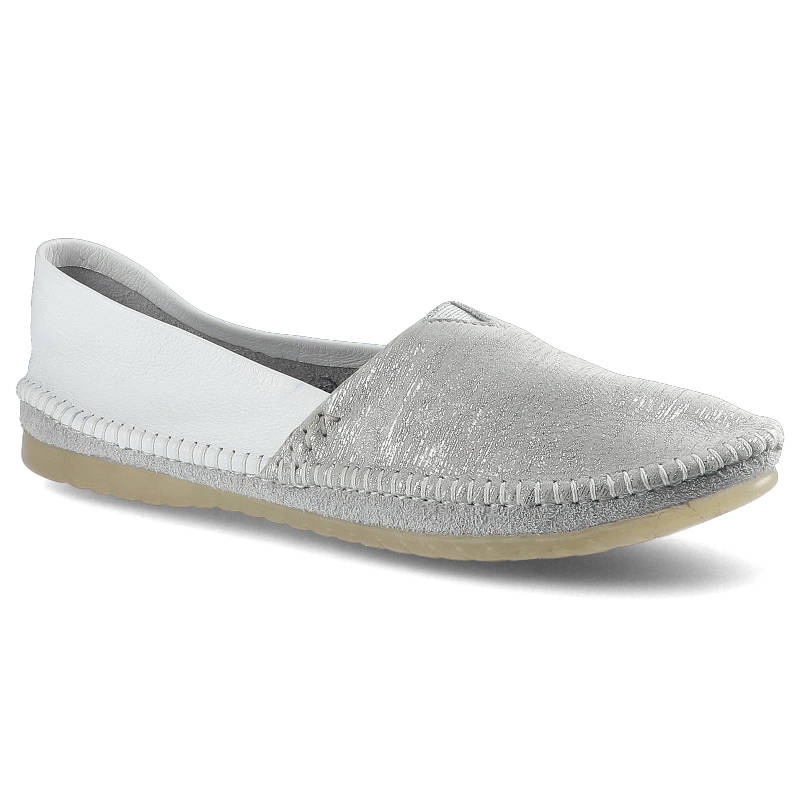 Baleriny damskie Maciejka, skóra z przeszyciami i na płaskiej podeszwie, białe w srebrne paski, 01930-05-00-0