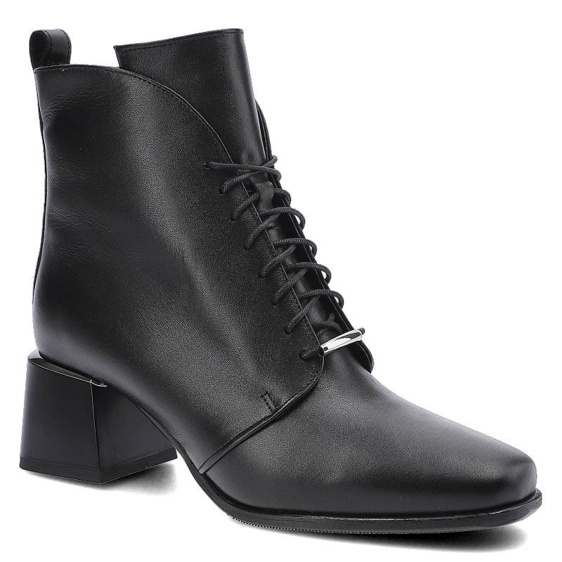 Botki damskie Karino, naturalna skóra licowa z klasycznym sznurowaniem zabudowaną cholewką oraz stabilnym obcasem, czarne, 3876-076-F