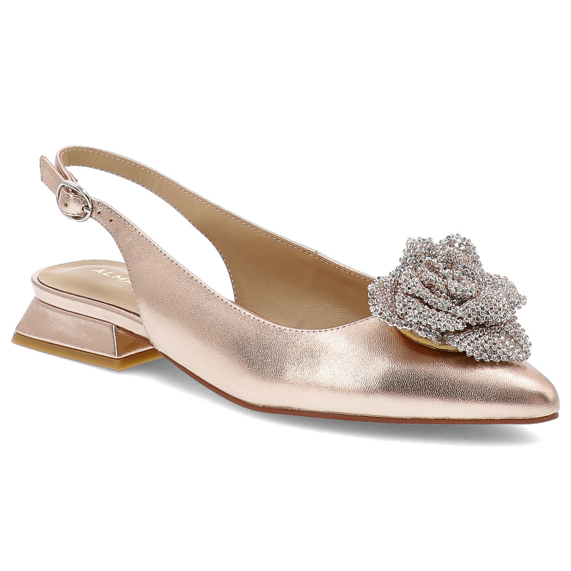 Sandały damskie Alma en Pena, skórzane z ozdobą na płaskim obcasie z noskiem w szpic ze sprzączką, różowe, V250494