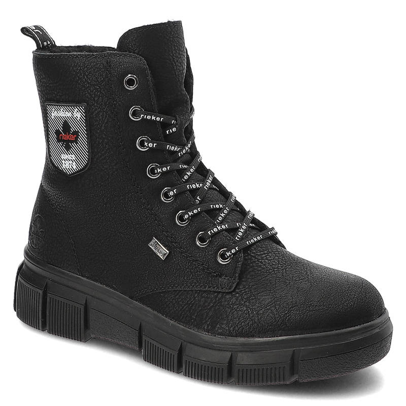 Botki damskie Rieker, cholewka z licowej skóry ekologicznej z wysoką cholewką i sznurowaniem oraz naszywkami masywna podeszwa z wyraźnym profilem, cz