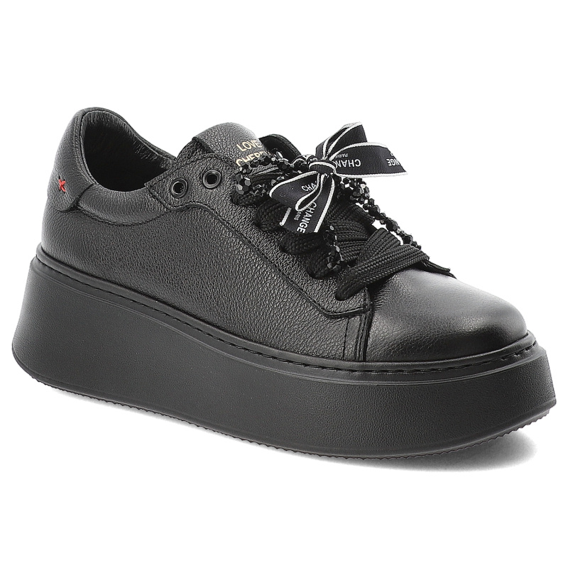 Sneakersy damskie Chebello, ze skóry licowej na platformie z kokardą sznurowane z okrągłym noskiem, czarne, 4726-161