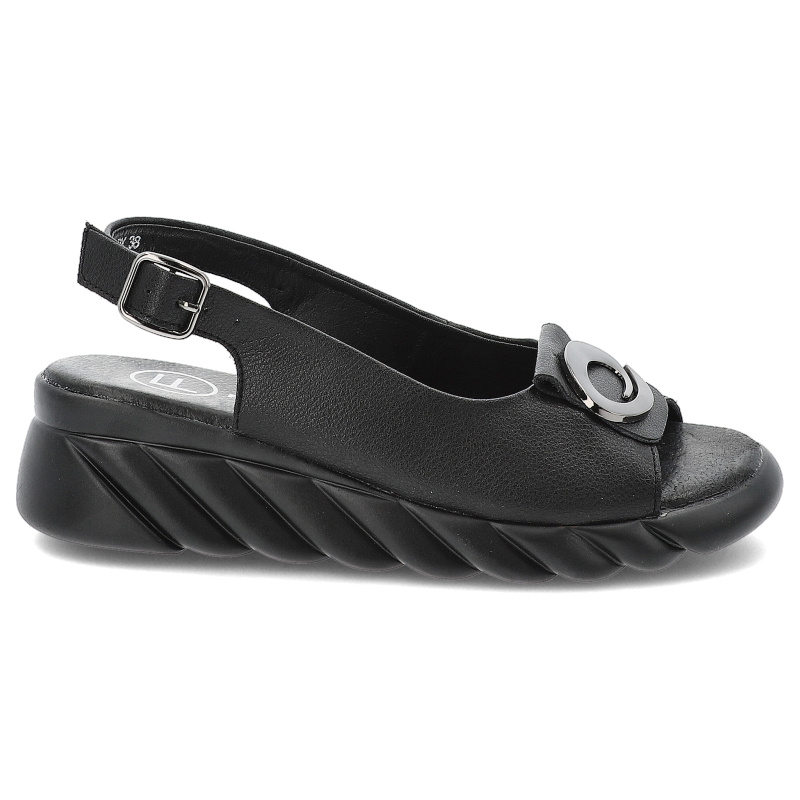 Sandały damskie Filippo, skórzane eleganckie na koturnie z ozdobą ze sprzączką, czarne, DS7011-25-BK