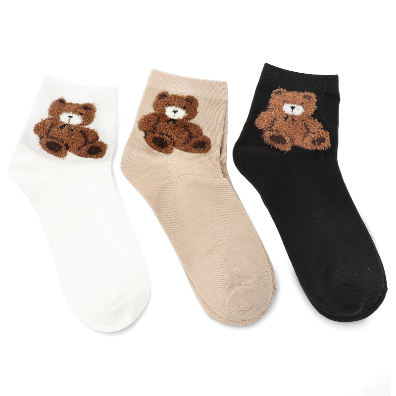 Skarpetki damskie Moraj, bawełniane wysokie z misiami i elastyczne 3 pary, białe-beżowe-czarne, CSL200-133