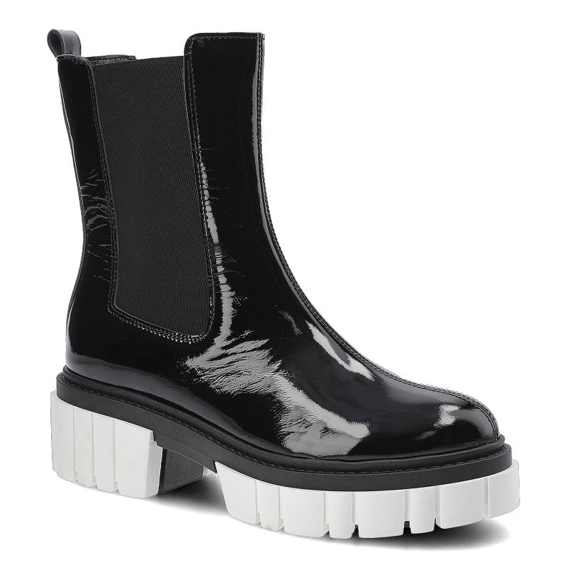 Botki damskie Chebello, wysoka cholewka ze skóry naturalnej lakierowanej z ulastycznymi wstawkami na wysokiej płaskiej podeszwie, czarne, 2787-240-MI