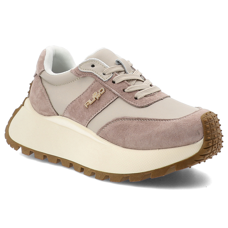 Sneakersy damskie Filippo, skórzane na grubej platformie z okrągłym noskiem i sznurowane, beżowe, DP6785-25-BE