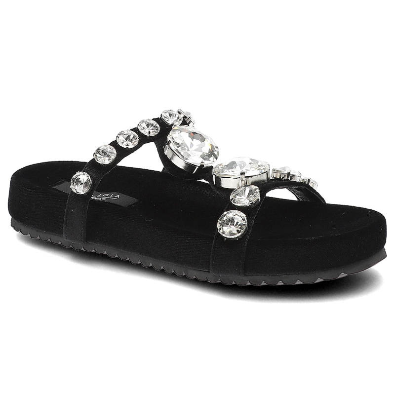 Klapki damskie Scaviola, z materiału tekstylnego z paskiem zdobionym cyrkoniami wsuwaną konstrukcją materiałową wkładką wnętrzem ze skóry ekologiczne