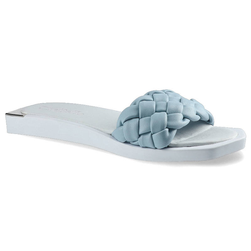 Klapki damskie Chebello, naturalna skóra licowa z szerokim plecionym paskiem wsuwaną konstrukcją oraz płaską podeszwą, niebieskie, 2609-366-PSK
