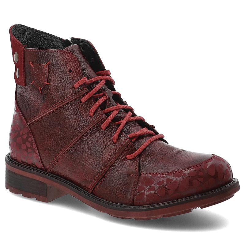 Trzewiki damskie Maciejka, na płaskim obcasie skórzane i zdobione z okrągłym noskiem i za kostkę, czerwone, 07047-08