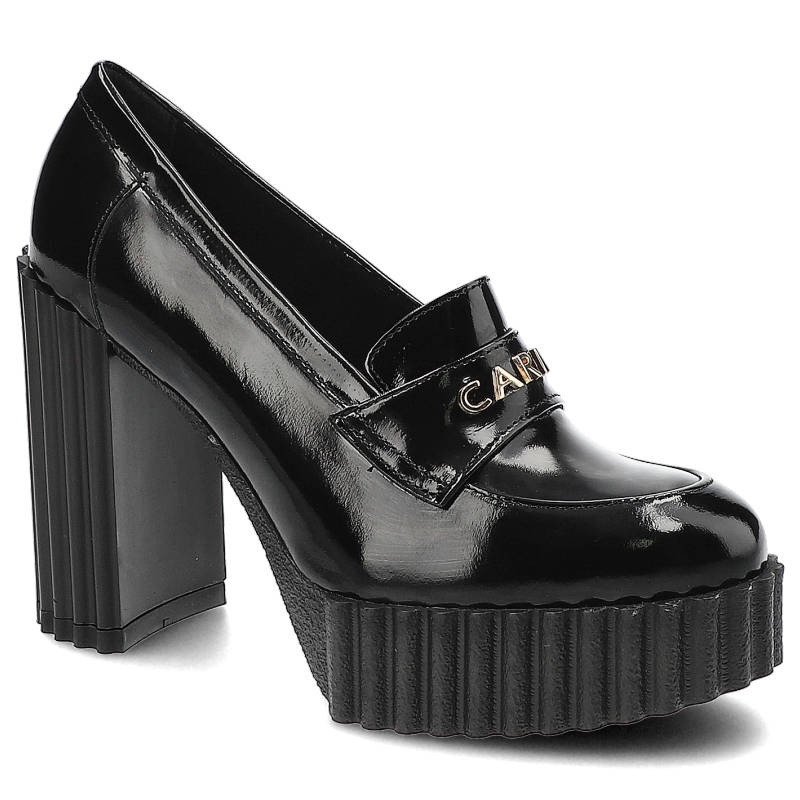 Półbuty damskie Carinii, lakierowane na wysokim stabilnym obcasie z platformą, czarne, B8012-037