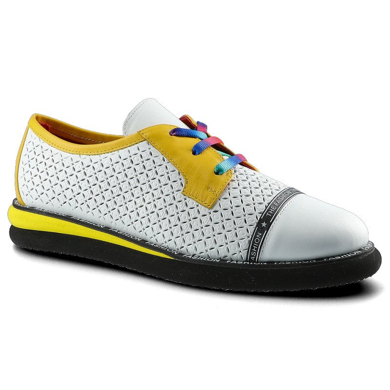 Półbuty damskie Lanqier, wykonane z materiału o gładkiej powierzchni z drobną perforacją z kontrastowymi elementami przy sznurowaniu, białe, 46C2338