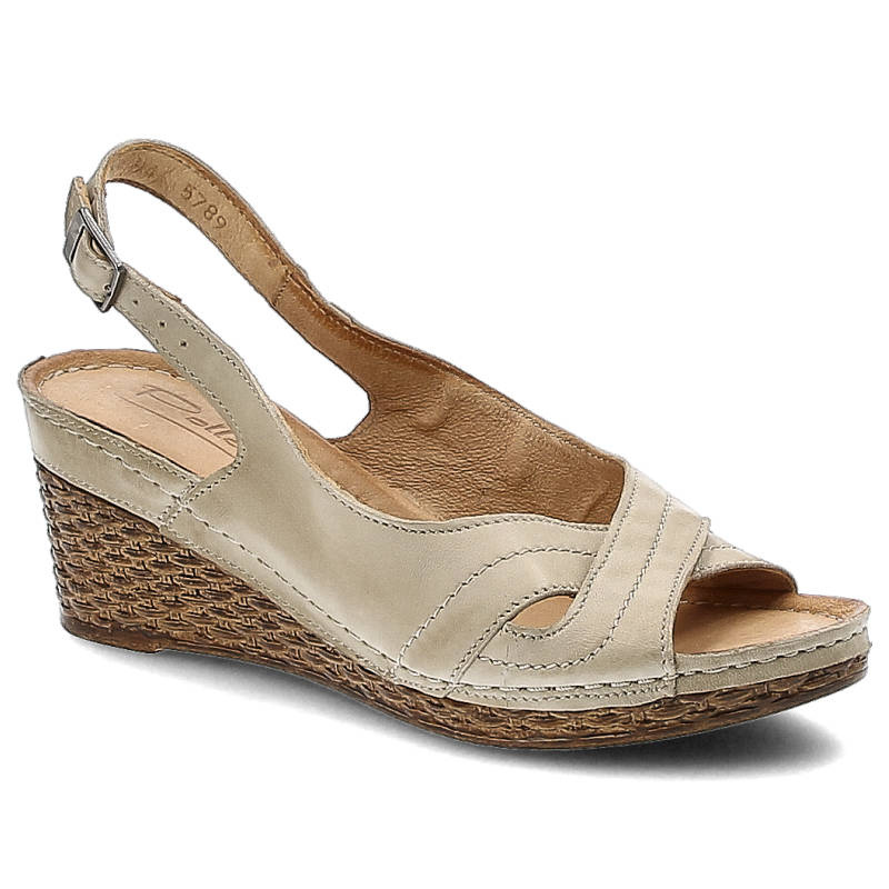 Sandały damskie Pollonus, ze skóry naturalnej na stabilnym koturnie , capucino, 5-0789-017