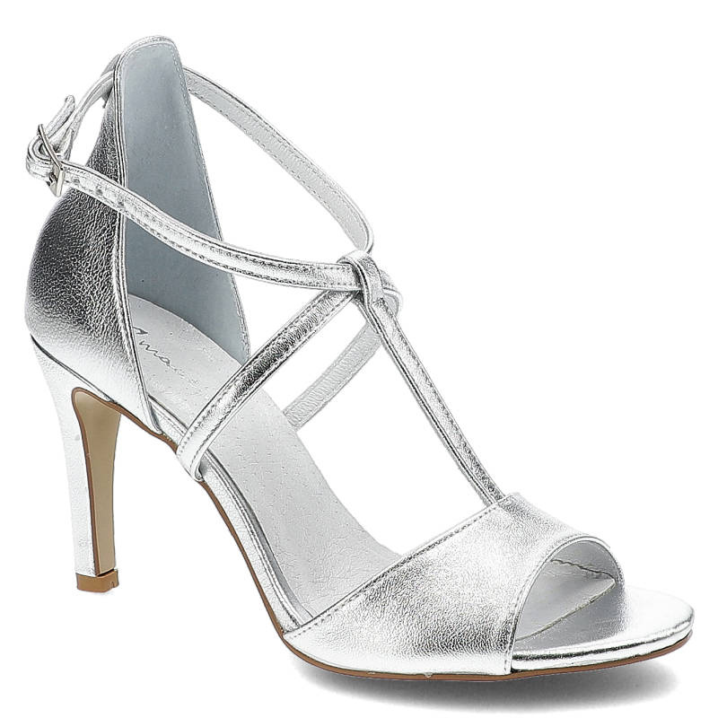 Sandały damskie Maciejka, wykonane ze skóry naturalnej licowej z metalicznym wykończeniem z krzyżującymi się paskami odkrytym przodem i smukłym obcas