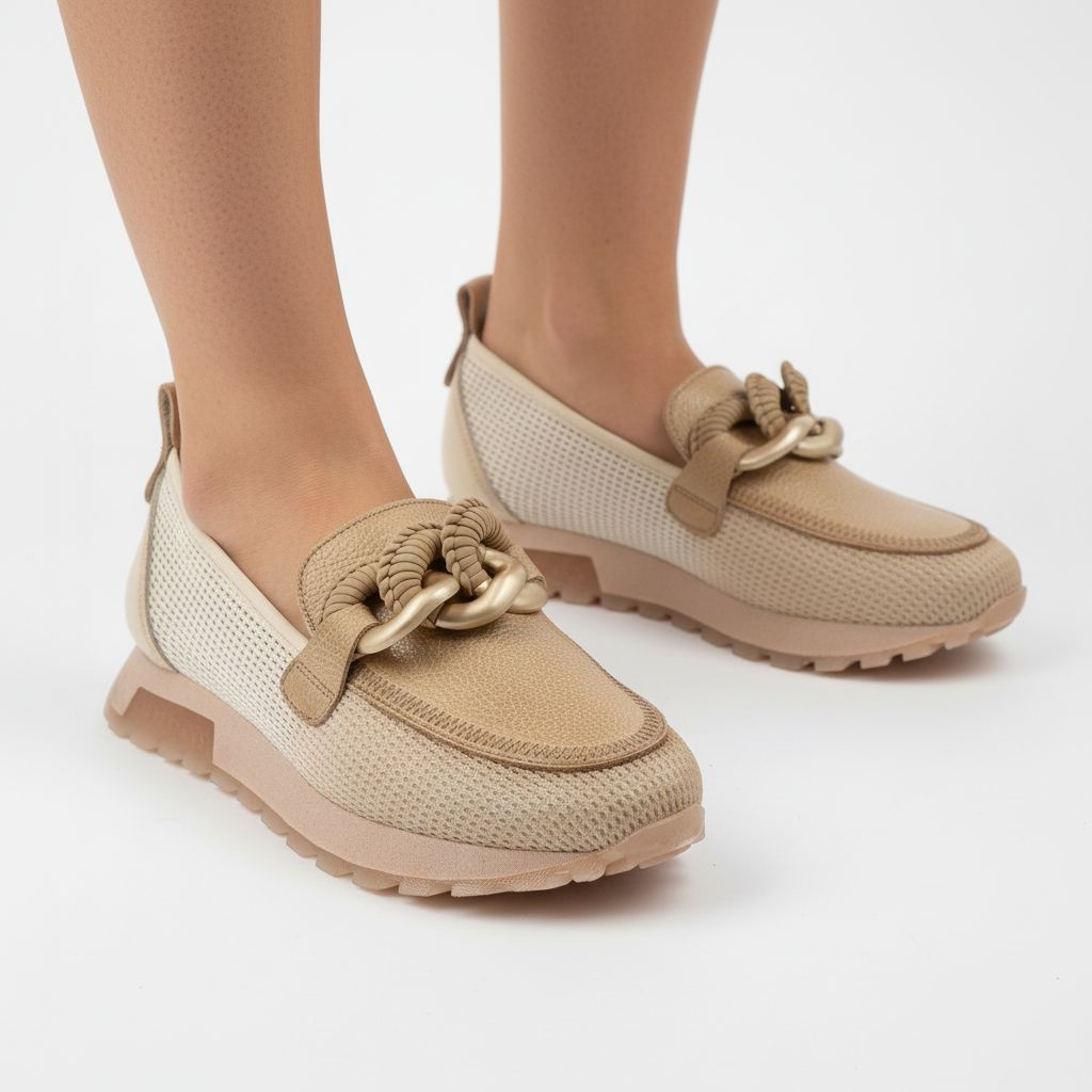 Półbuty damskie Hispanitas, ze skóry naturalnej z tekstylnymi wstawkami z siateczki wsuwany krój metalowa ozdoba na podbiciu, beżowe, SHV264834 Sumat