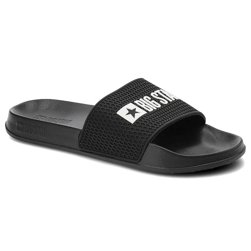 Klapki damskie Big Star, szeroki pasek z wytłaczanym logo wsuwany fason bez zapięć, czarne, JJ174505