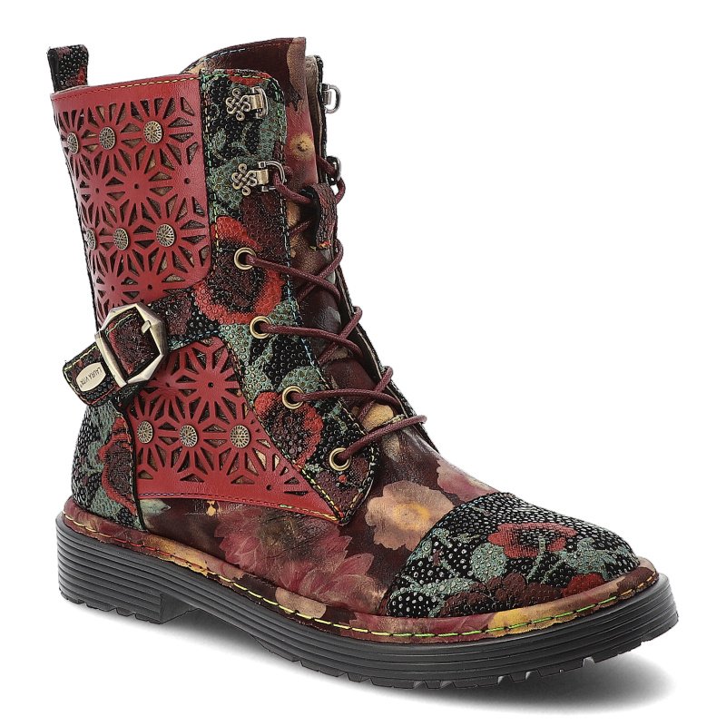 Botki damskie Laura Vita, skórzane bogato zdobione na płaskim obcasie z okrągłym noskiem i na zamek, czerwone, SL1127-36