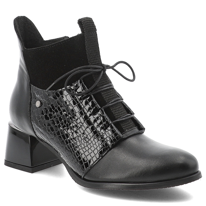 Botki damskie Armodo, ze skóry naturalnej eleganckie na klocku z okrągłym noskiem na zamek, czarne, 60503