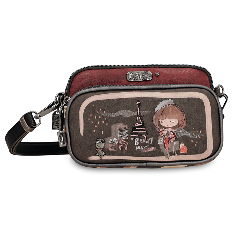 Torebka damska Anekke, mała we wzory z regulowanym paskiem i 3 komorami, brązowa, 41803-445