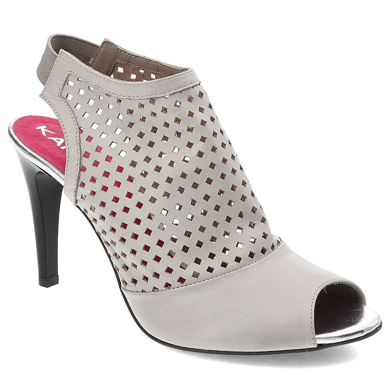 Sandały damskie Karino, skóra naturalna z gumką na pięcie i wysoką szpilką, szaro-beżowe, 1590-078-P