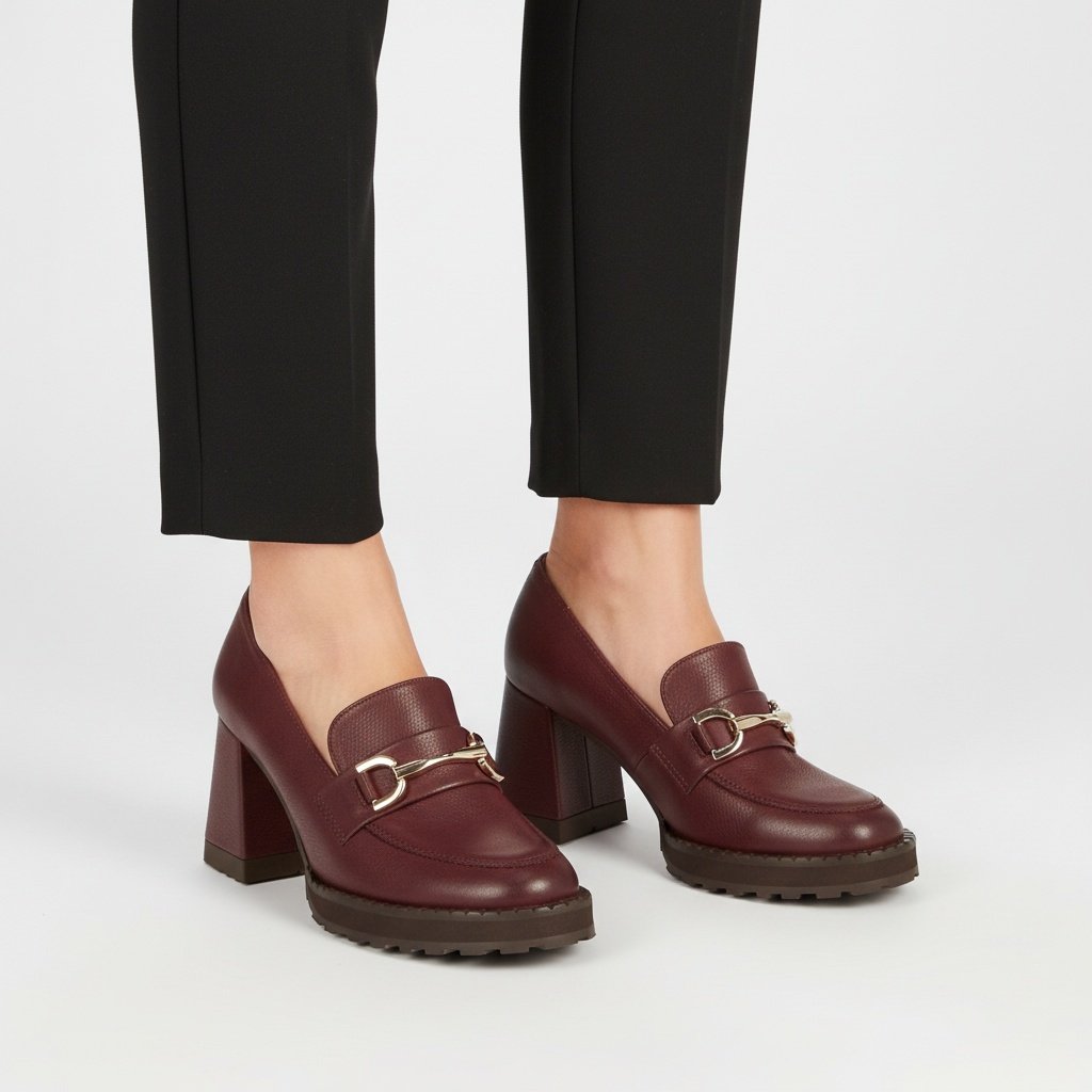 Półbuty damskie Armodo, cholewka ze skóry naturalnej o gładkim wykończeniu z metalową ozdobą na podbiciu i zaokrąglonym noskiem, bordowe, 1511