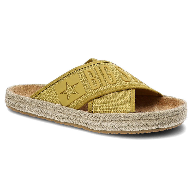 Klapki damskie Big Star, materiał tekstylny z szerokim paskiem z logo na cholewce miękką wkładką, żółte, JJ274A409