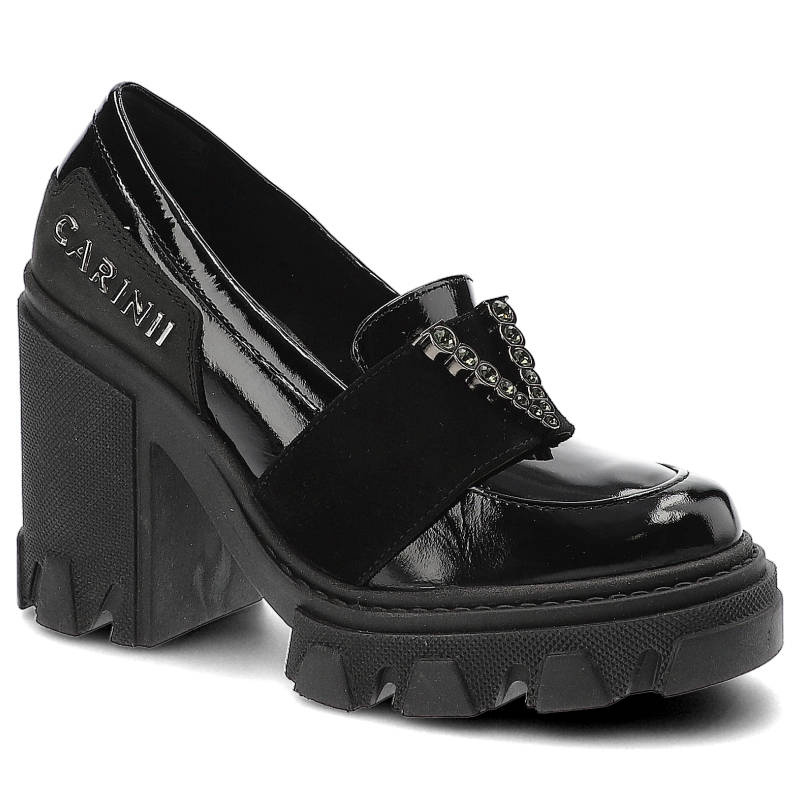 Półbuty damskie Carinii, czarne lakierowane półbuty damskie na masywnej podeszwie. wyrazisty fason ozdobny detal, czarne, B8493-070-H20