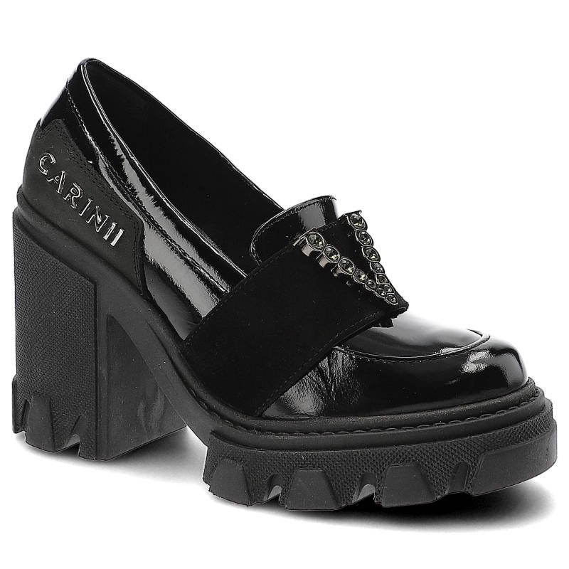 Półbuty damskie Carinii, czarne lakierowane półbuty damskie na masywnej podeszwie. wyrazisty fason ozdobny detal, czarne, B8493-070-H20