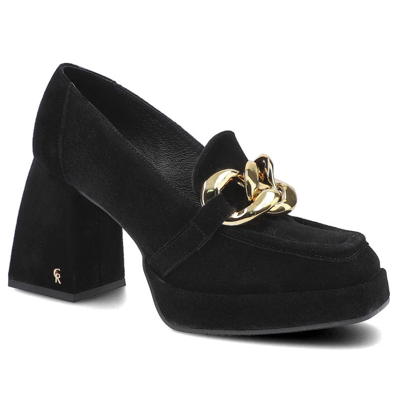 Półbuty damskie Carinii, naturalna skóra zamszowa z elegancką cholewką ozdobnym metalowym łańcuchem, czarne, B7425-H20-E61