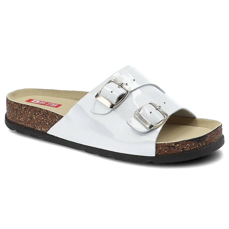 Klapki damskie Big Star, materiał syntetyczny z szerokimi paskami regulowanymi klamrami profilowaną wkładką, białe, JJ276041