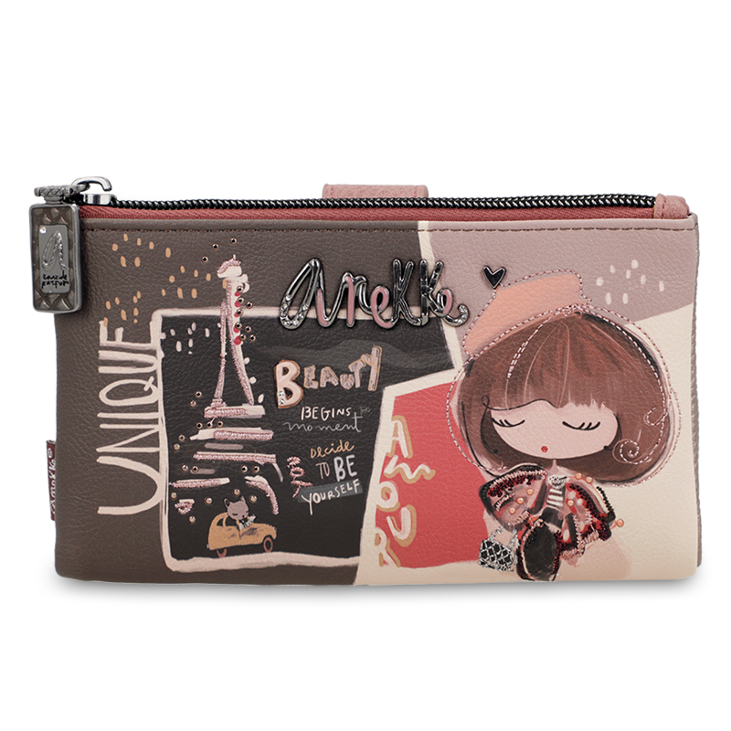 Portfel damski Anekke, duży we wzorki z miejscem na zdjęcia na karty i na bilon, brązowy, 41809-907